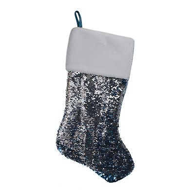 22.75" Sky Blue and Silver Reversible Sequined Christmas Stocking with Faux Fur Cuff