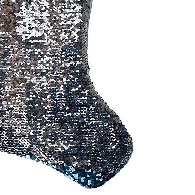 22.75" Sky Blue and Silver Reversible Sequined Christmas Stocking with Faux Fur Cuff