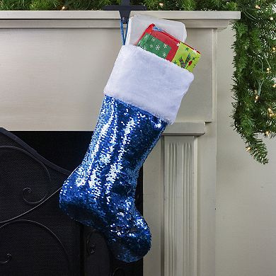 22.75" Sky Blue and Silver Reversible Sequined Christmas Stocking with Faux Fur Cuff