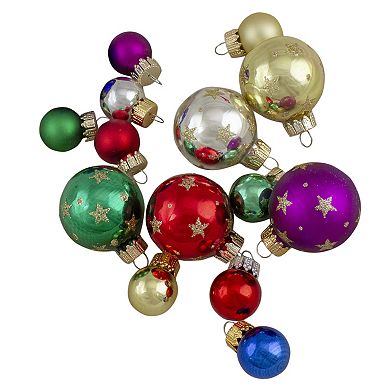 16-Piece Set of Assorted Multi-Color Glass Ball Christmas Ornaments with Tree Topper