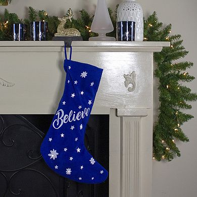 18" LED Blue Stocking "Believe" with White Snowflakes