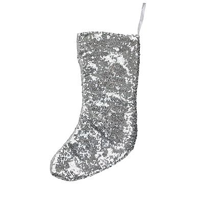 17.5" White and Gray Sequins Hanging Christmas Stocking