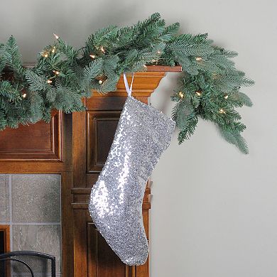 17.5" White and Gray Sequins Hanging Christmas Stocking