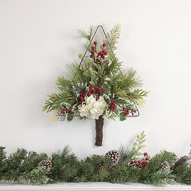 24" Pine Christmas Tree Wall Hanging Decoration with Berries and Holly