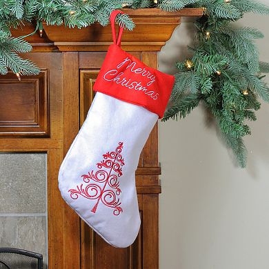 15.5" White and Red Merry Christmas Stocking with Cuff