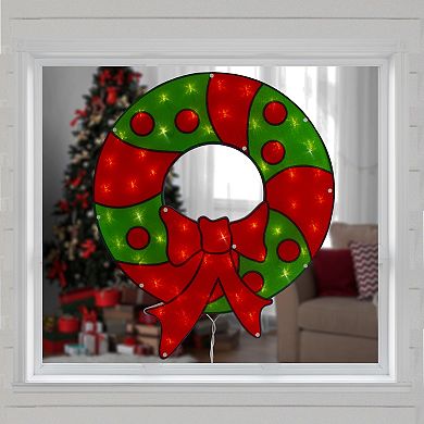 23" Lighted Red and Green Christmas Wreath Window Silhouette
