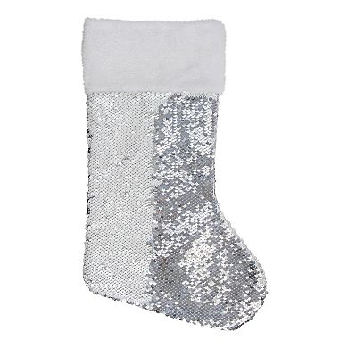 19" White and Silver Sequin Christmas Stocking With White Faux Fur Cuff