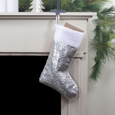 19" White and Silver Sequin Christmas Stocking With White Faux Fur Cuff
