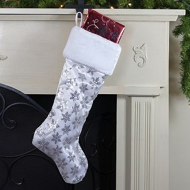 19 White and Silver Sequin Snowflake Christmas Stocking