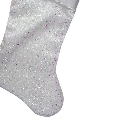 22.25" White with Pink Iridescent Glitter Christmas Stocking with Satin Cuff