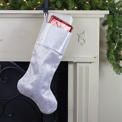 22.25" White with Pink Iridescent Glitter Christmas Stocking with Satin Cuff