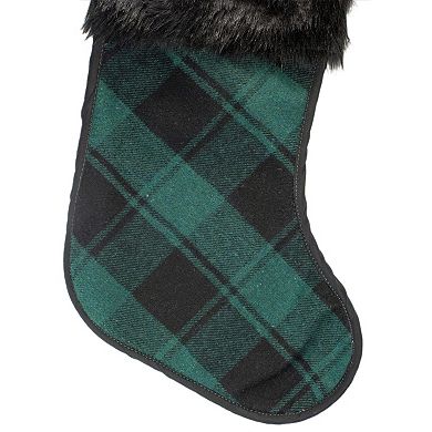 19" Green and Black Plaid Christmas Stocking with Faux Fur