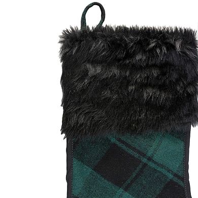 19" Green and Black Plaid Christmas Stocking with Faux Fur