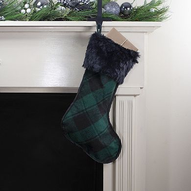 19" Green and Black Plaid Christmas Stocking with Faux Fur