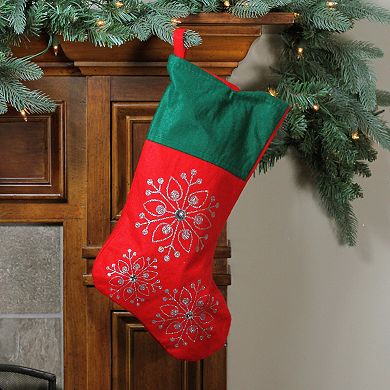 19" Red and Green Felt Christmas Stocking with Snowflakes