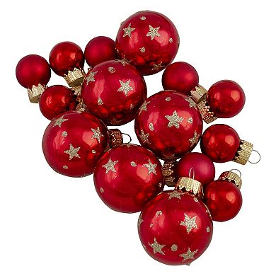 16-Piece Set of Assorted Red Glass Christmas Ball Ornaments with Tree Topper