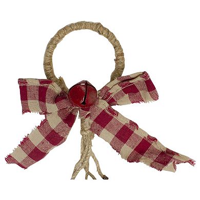 15" Pine and Red Jingle Bell Christmas Door Hanger with Plaid Bow