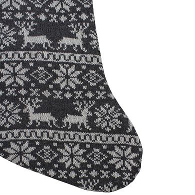 19" Gray and White Reindeer and Snowflake Knit Christmas Stocking with Faux Fur Cuff