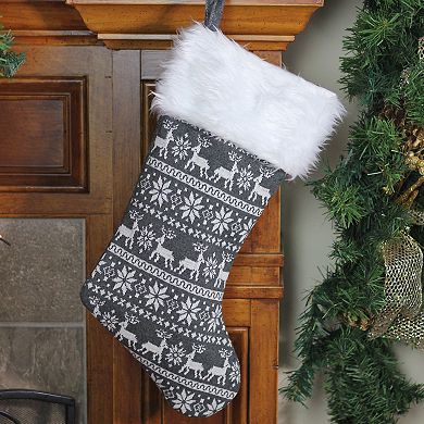 19" Gray and White Reindeer and Snowflake Knit Christmas Stocking with Faux Fur Cuff