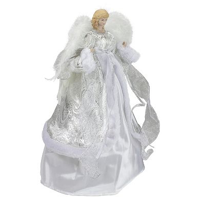 18" Blonde Angel in White and Sliver Dress with Faux Fur Trim Christmas Tree Topper