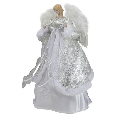 18" Blonde Angel in White and Sliver Dress with Faux Fur Trim Christmas Tree Topper