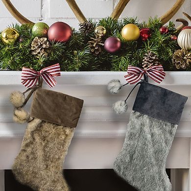 20.5-Inch Brown Christmas Stocking with Corduroy Cuff and Pom Poms