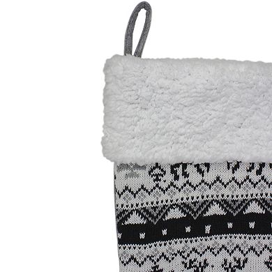 21" Black Gray and White Rustic Lodge Knit Christmas Stocking with Sherpa Cuff