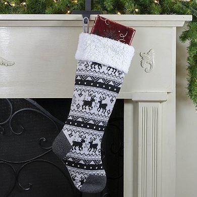 21" Black Gray and White Rustic Lodge Knit Christmas Stocking with Sherpa Cuff