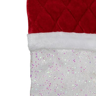 22.25" LED Lighted White Iridescent Glittered Christmas Stocking with Red Cuff