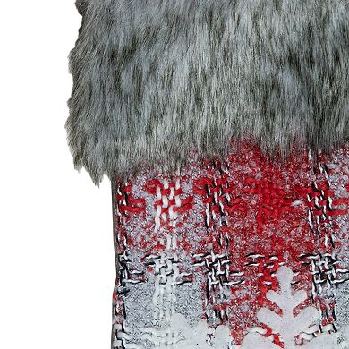 18-Inch Red and White Plaid Faux Fur Christmas Stocking with Snowflake