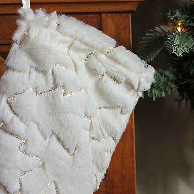 18" White and Gold Christmas Stocking with Sequined Trees