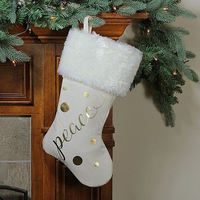 19" Ivory White Gold Foil "Peace" Christmas Stocking with White Faux Fur Cuff