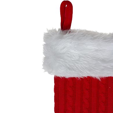 19" Red and White Cable Knit and Faux Fur Cuff Christmas Stocking
