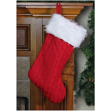 19" Red and White Cable Knit and Faux Fur Cuff Christmas Stocking