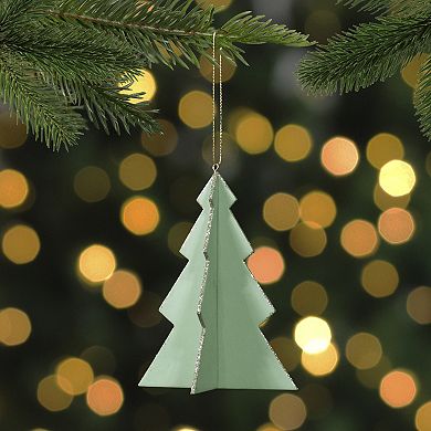 5.25" Light Green 3D Tree With Silver Glitter Wooden Christmas Ornament