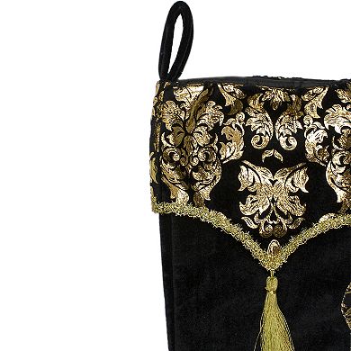 21.5" Black and Gold Damask Velveteen Christmas Stocking with Tassel