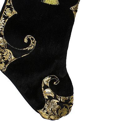 21.5" Black and Gold Damask Velveteen Christmas Stocking with Tassel