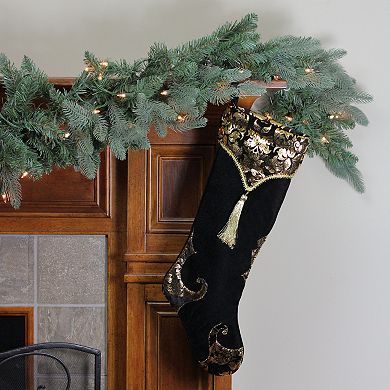 21.5" Black and Gold Damask Velveteen Christmas Stocking with Tassel