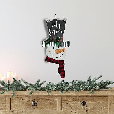 17" Wooden 'Let it Snow' Snowman with Plaid Scarf Christmas Wall Sign