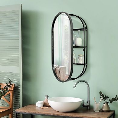 Head West Metal Framed Oval Vanity Wall Mirror with Shelves