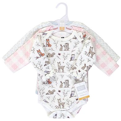 Hudson Baby Infant Girl Quilted Long-Sleeve Cotton Bodysuits 3pk, Enchanted Forest