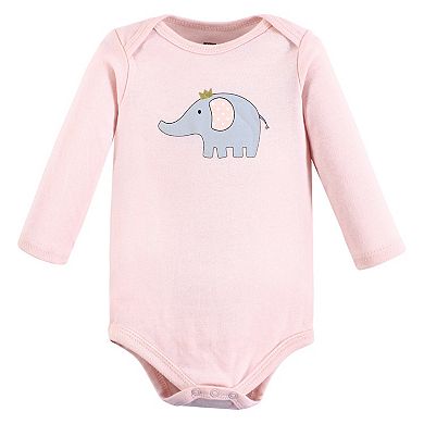 Hudson Baby Infant Girl Cotton Long-Sleeve Bodysuits, Pink Gray Elephant 5-Pack