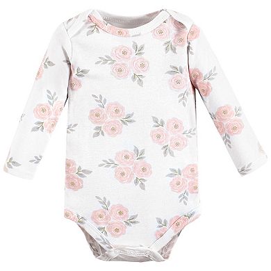 Hudson Baby Infant Girl Cotton Long-Sleeve Bodysuits, Pink Gray Elephant 5-Pack