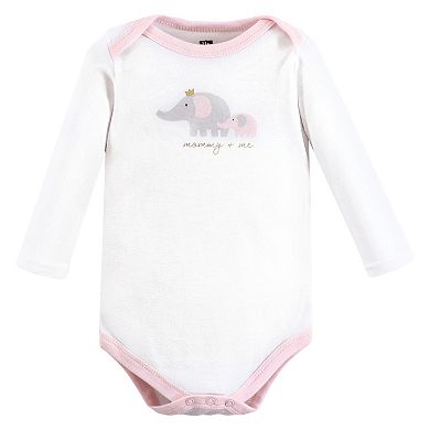 Hudson Baby Infant Girl Cotton Long-Sleeve Bodysuits, Pink Gray Elephant 3-Pack, 12-18 Months