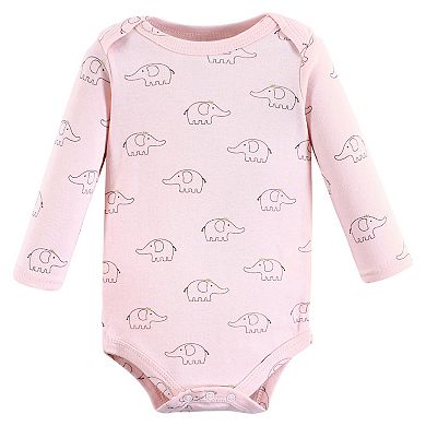 Hudson Baby Infant Girl Cotton Long-Sleeve Bodysuits, Pink Gray Elephant 3-Pack, 12-18 Months