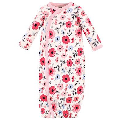 Touched by Nature Baby Girl Organic Cotton Side-Closure Snap Long-Sleeve Gowns 3pk, Coral Garden, Preemie