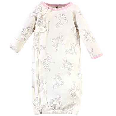 Touched by Nature Baby Girl Organic Cotton Zipper Long-Sleeve Gowns 3pk, Bird Side Zipper