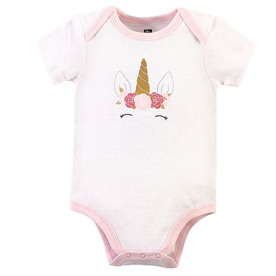 Hudson Baby Infant Girl Cotton Bodysuits 3pk, Gold Pink Unicorn, 12-18 Months