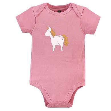 Hudson Baby Infant Girl Cotton Bodysuits 3pk, Gold Pink Unicorn, 12-18 Months
