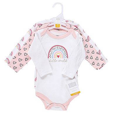 Hudson Baby Infant Girl Cotton Long-Sleeve Bodysuits, Modern Rainbow 3-Pack